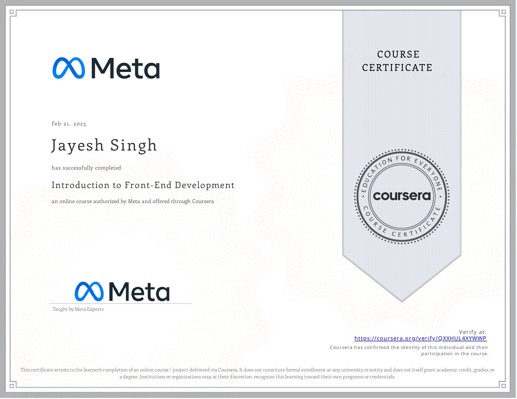 Meta Front-End Developer Certificate